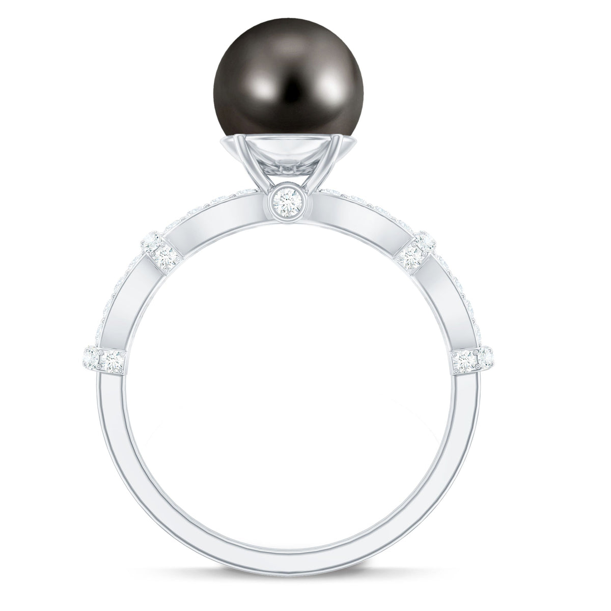 7.5-carat genuine black pearl and diamond engagement ring by Rosec Jewels featuring a sleek silver band and intricate design.