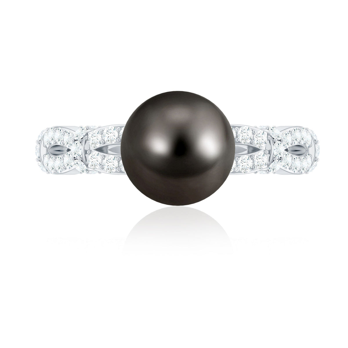 7.5 carat black pearl and diamond engagement ring by Rosec Jewels, featuring a central black pearl with diamond accents in a luxurious ring setting.