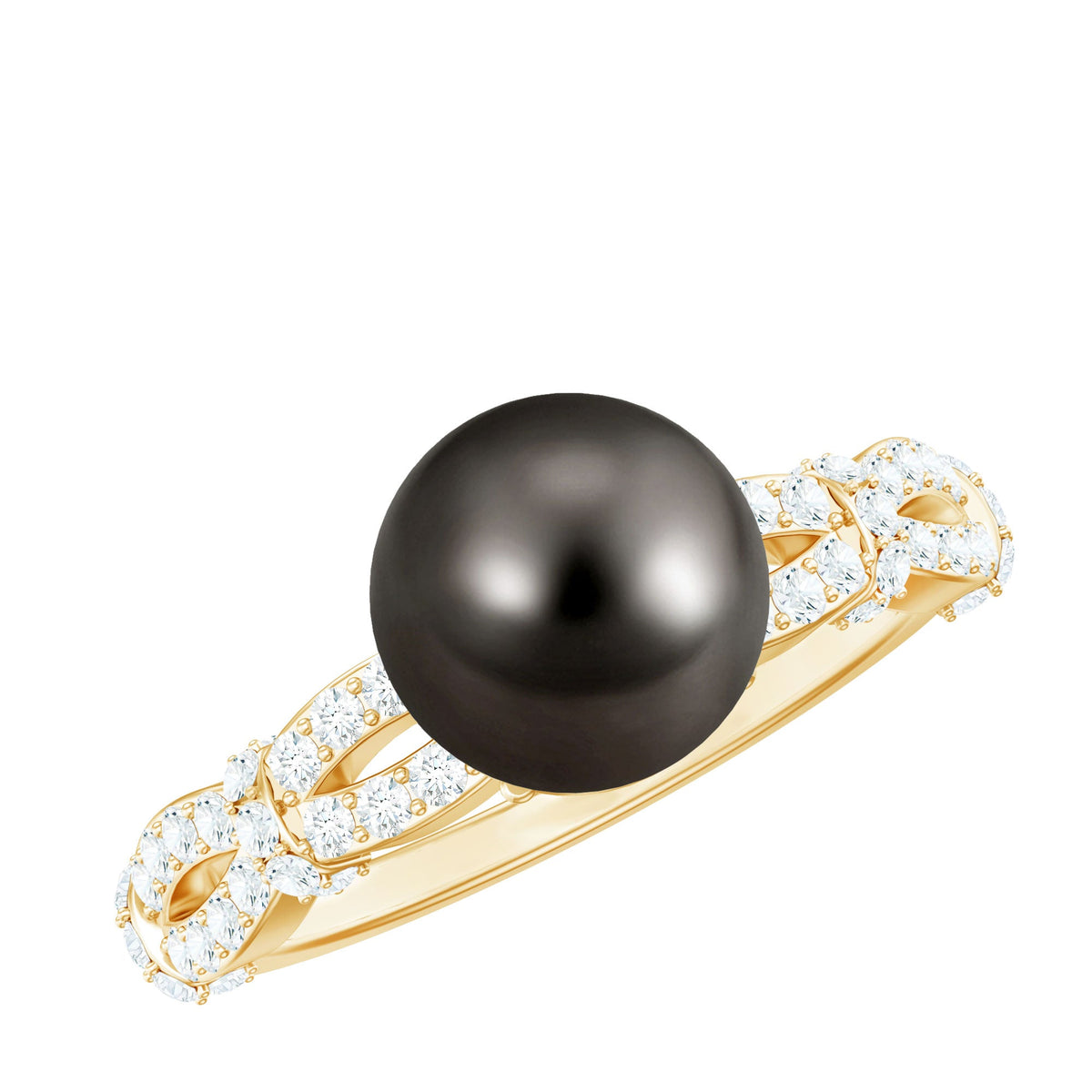 7.5 carat genuine black pearl and diamond engagement ring by Rosec Jewels, featuring a central black pearl surrounded by sparkling diamonds.