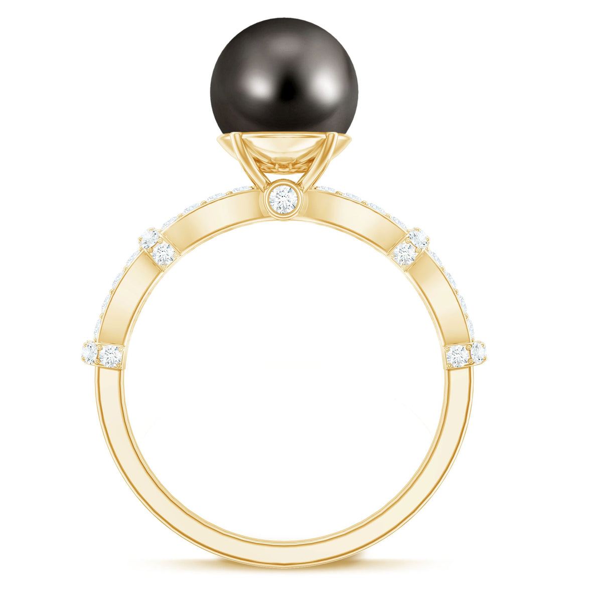 7.5 carat genuine black pearl and diamond engagement ring by Rosec Jewels, featuring a central black pearl with sparkling diamonds.