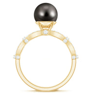 7.5 carat genuine black pearl and diamond engagement ring by Rosec Jewels, featuring a central black pearl with sparkling diamonds.