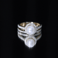 Round Freshwater Pearl and Moissanite Halo Wedding Ring Set