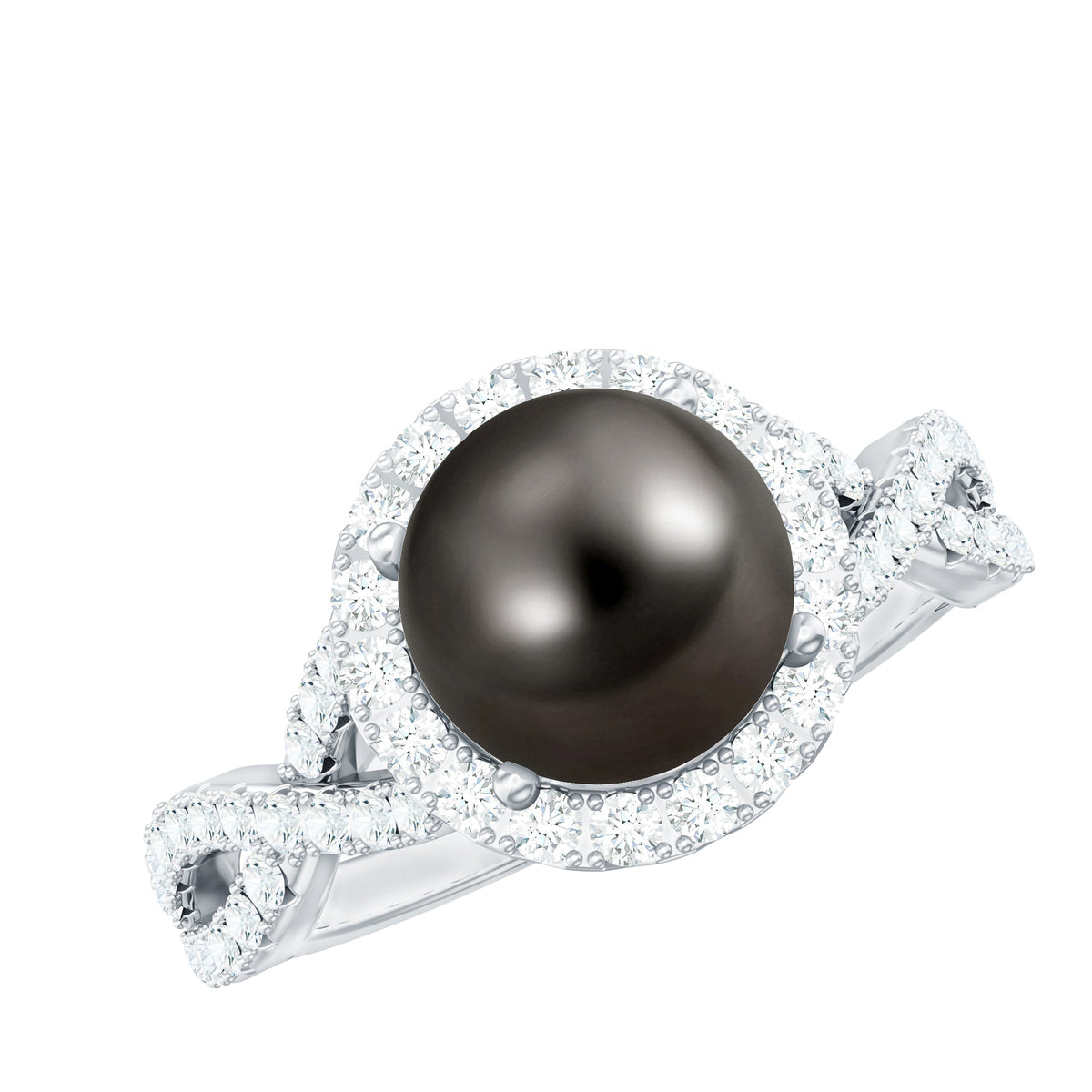 Real Tahitian pearl and diamond crossover engagement ring by Rosec Jewels featuring a lustrous pearl and sparkling diamonds in a elegant design.