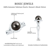Real Tahitian pearl and diamond crossover engagement ring by Rosec Jewels, featuring a pearl centerpiece with sparkling diamonds.