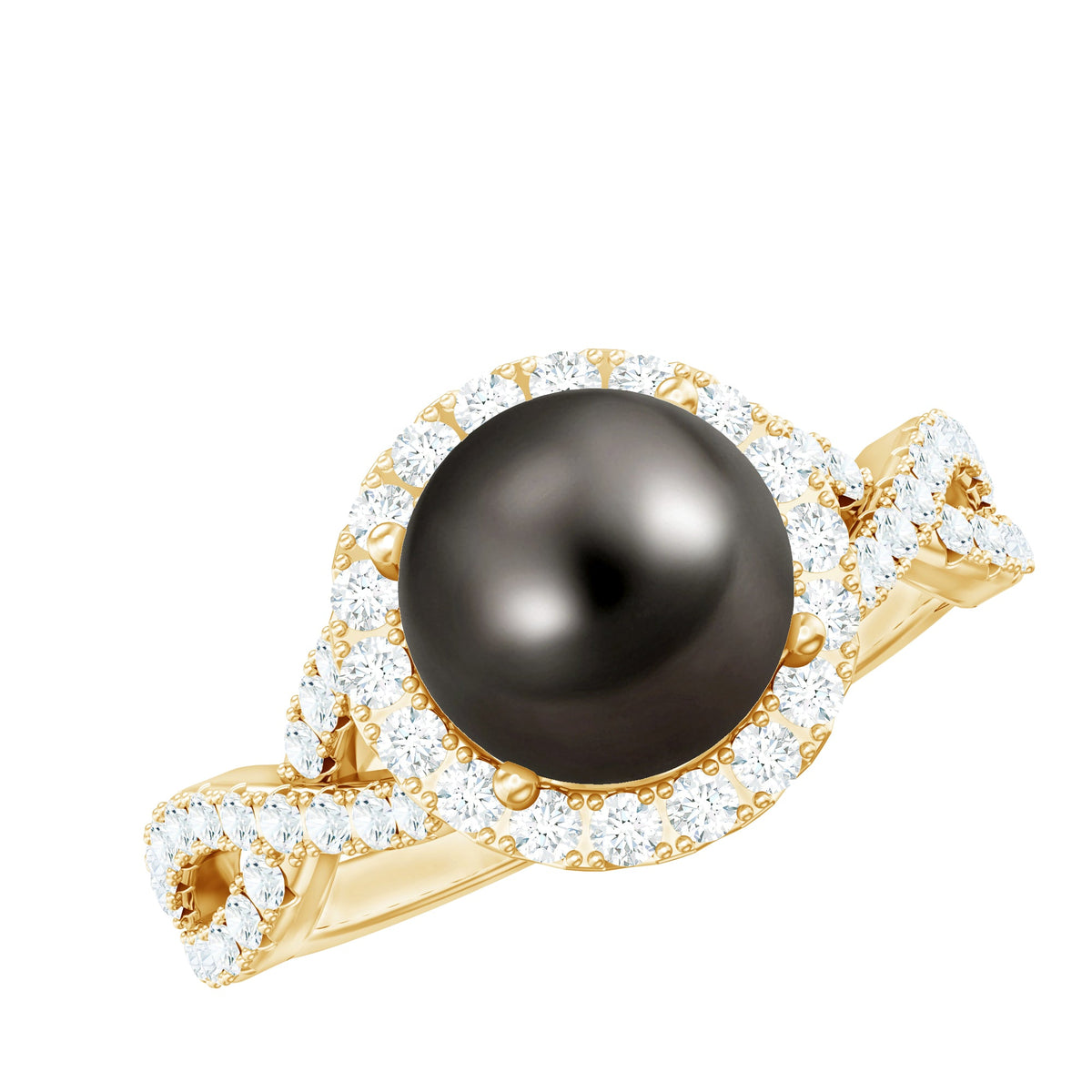 Elegant engagement ring featuring a real Tahitian pearl and diamonds in a crossover design by Rosec Jewels.