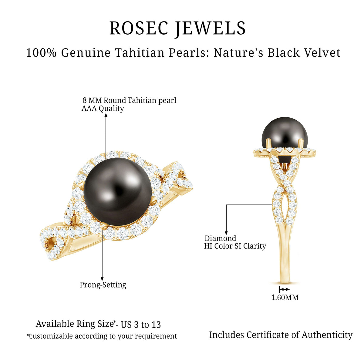 Real Tahitian pearl and diamond crossover engagement ring by Rosec Jewels featuring a lustrous black pearl and sparkling diamonds.