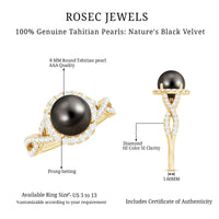 Real Tahitian pearl and diamond crossover engagement ring by Rosec Jewels featuring a lustrous black pearl and sparkling diamonds.
