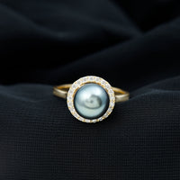 Genuine Tahitian Black Pearl and Diamond Engagement Ring