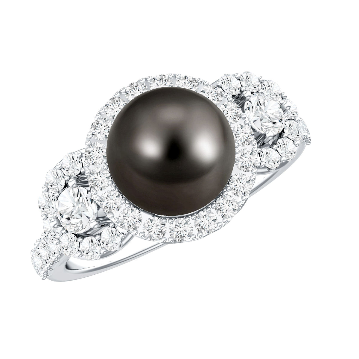 Round black pearl engagement ring with moissanite accents by Rosec Jewels, showcasing a 7.5-carat pearl and sparkling side stones.