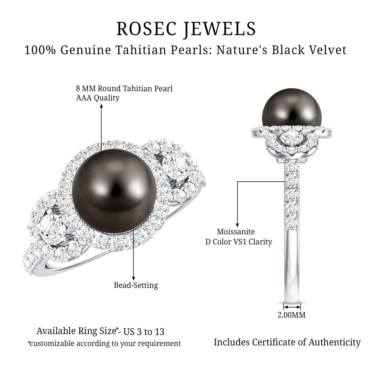 7.5 carat round black pearl engagement ring with moissanite accents from Rosec Jewels, showcasing the elegant ring design.