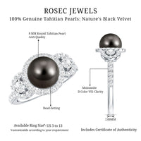 7.5 carat round black pearl engagement ring with moissanite accents from Rosec Jewels, showcasing the elegant ring design.