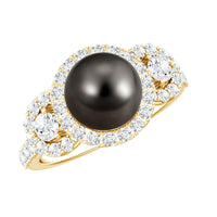7.5 carat round black pearl engagement ring with moissanite accents, showcasing elegant design and sparkling gemstone details.
