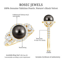 7.5 carat round black pearl engagement ring with moissanite accents, showcasing elegant jewelry design by Rosec Jewels.