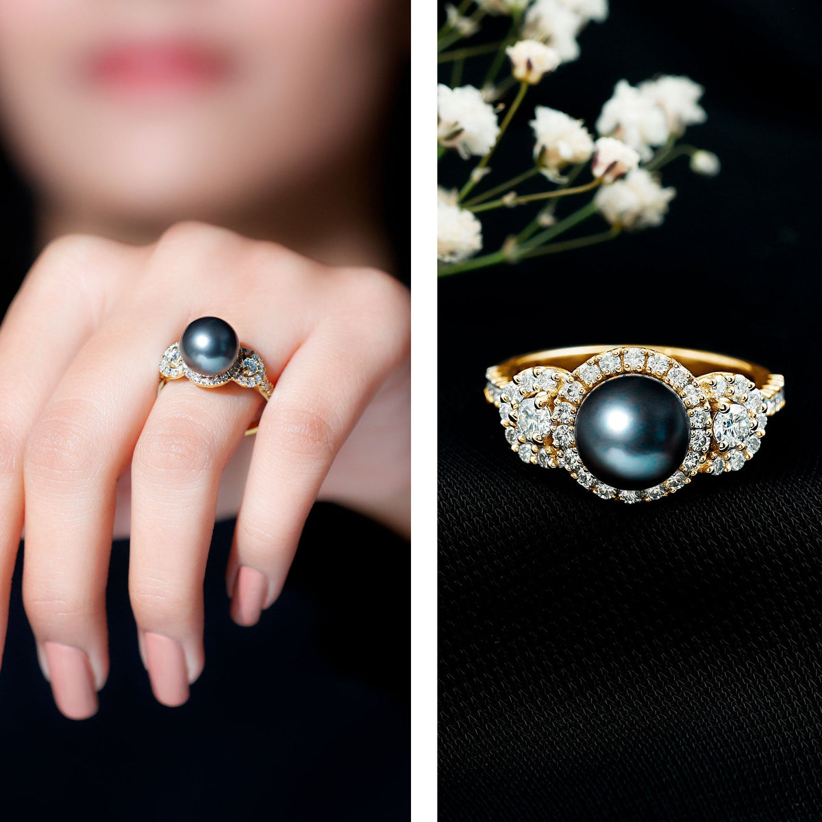 Round 7.5 carat black pearl engagement ring with moissanite accents, diamond-shaped Rosec Jewels ring showcasing elegance and sparkle
