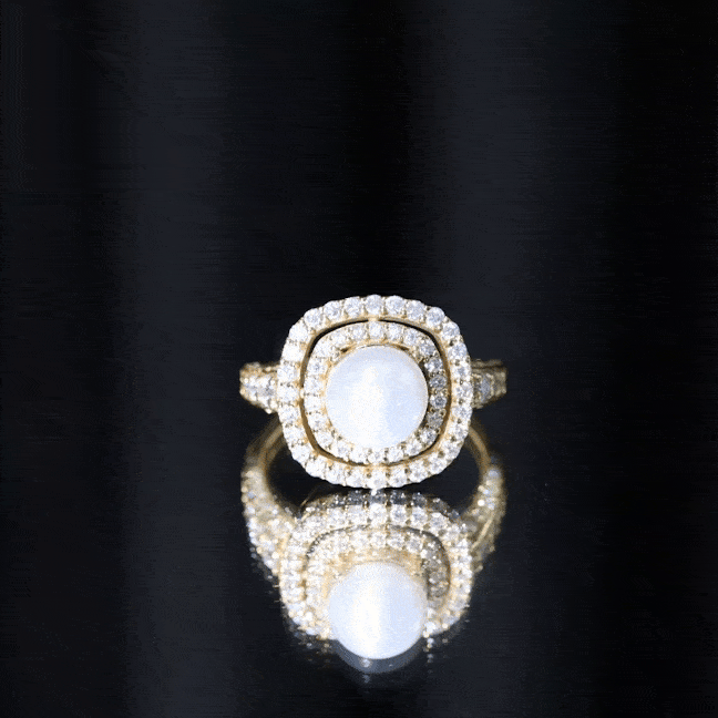 Rosec Jewels 7.4 carat freshwater pearl double halo engagement ring with moissanite, featuring intricate silver band and elegant design.