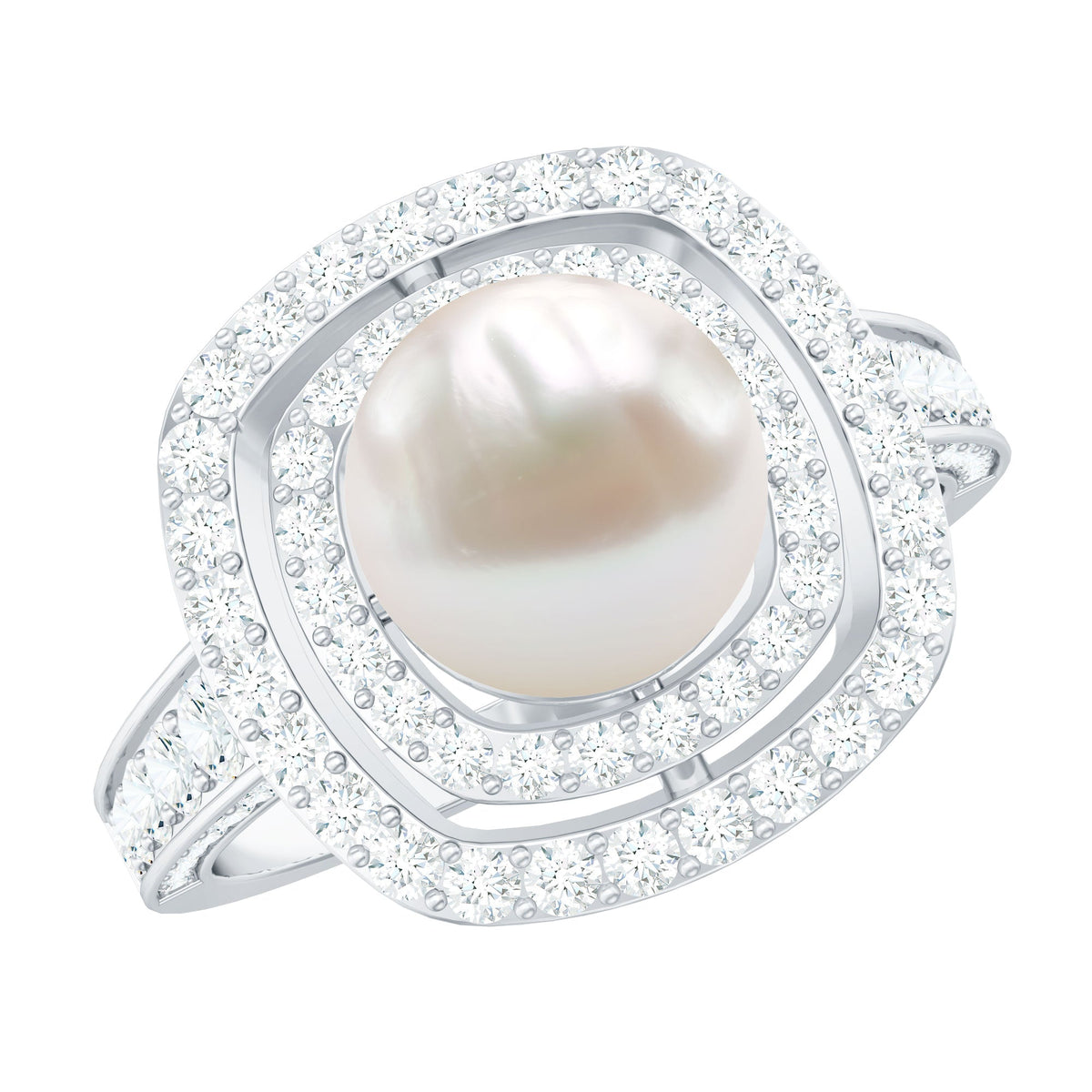 Rosec Jewels 7.4 carat freshwater pearl double halo engagement ring with moissanite, featuring intricate design and sparkling accents.