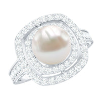 Rosec Jewels 7.4 carat freshwater pearl double halo engagement ring with moissanite, featuring intricate design and sparkling accents.
