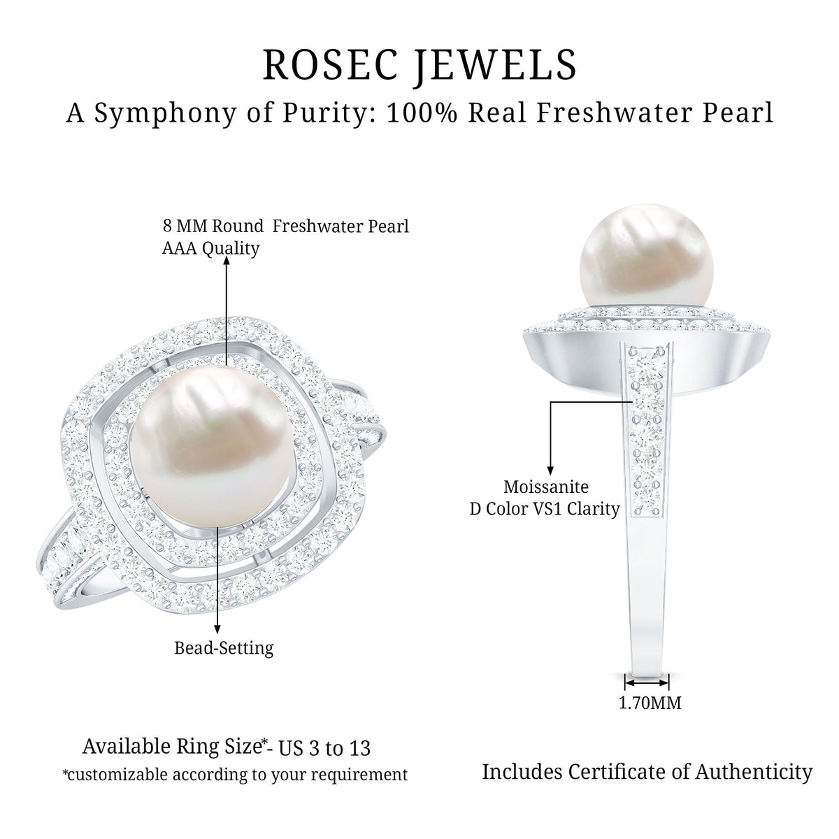 7.4 carat freshwater pearl double halo engagement ring with Moissanite from Rosec Jewels, featuring intricate detailing and sparkling stones.