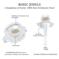 7.4 carat freshwater pearl double halo engagement ring with Moissanite from Rosec Jewels, featuring intricate detailing and sparkling stones.