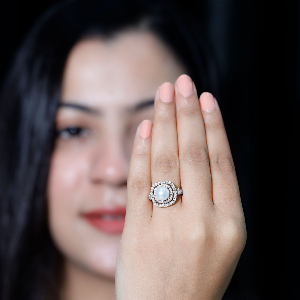 Rosec Jewels 7.4 carat freshwater pearl double halo engagement ring with moissanite, featuring intricate design and sparkling accents.