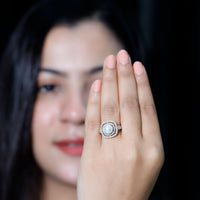 Rosec Jewels 7.4 carat freshwater pearl double halo engagement ring with moissanite, featuring intricate design and sparkling accents.