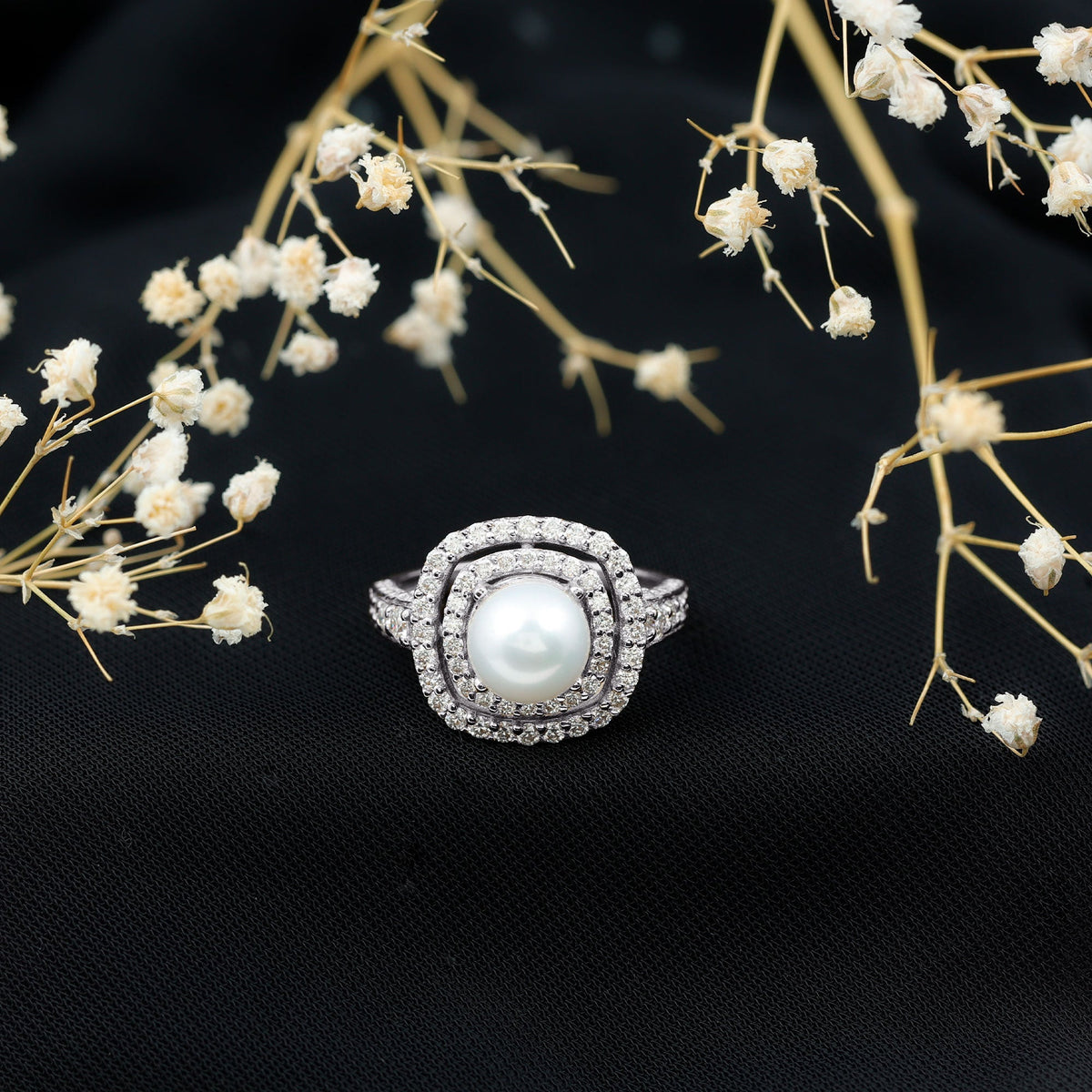 Rosec Jewels 7.4 carat freshwater pearl double halo engagement ring with sparkling moissanite and intricate band design.
