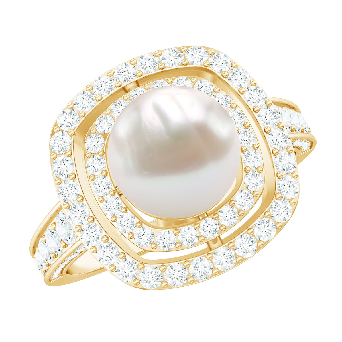 7.4 carat freshwater pearl double halo engagement ring with moissanite from Rosec Jewels, showcasing the intricate design and sparkling accents.