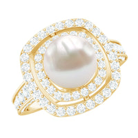 7.4 carat freshwater pearl double halo engagement ring with moissanite from Rosec Jewels, showcasing the intricate design and sparkling accents.