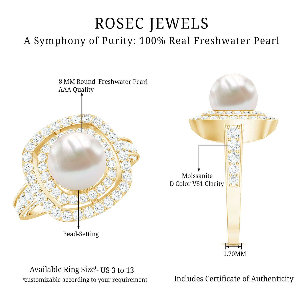 Rosec Jewels 7.4 carat freshwater pearl double halo engagement ring with sparkling moissanite accents and intricate silver band.