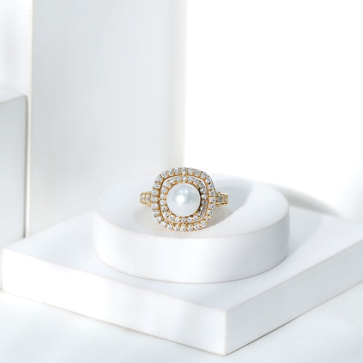 7.4 carat freshwater pearl double halo engagement ring with moissanite from Rosec Jewels, featuring intricate design and sparkling stones.