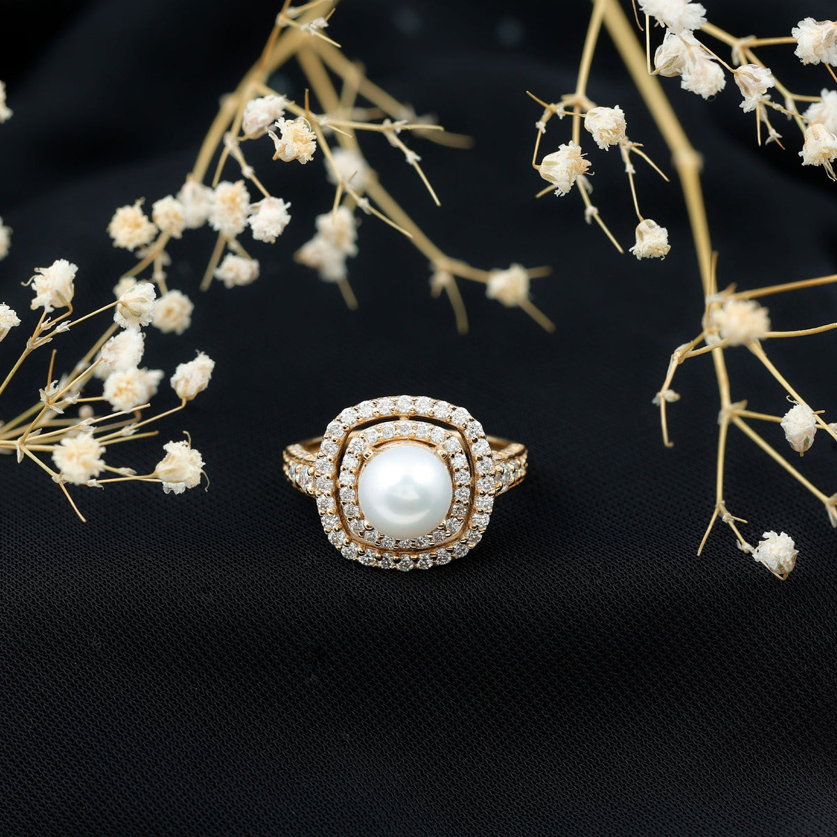 7.4 carat freshwater pearl double halo engagement ring with moissanite by Rosec Jewels, featuring intricate design and sparkling details.