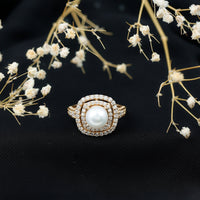 7.4 carat freshwater pearl double halo engagement ring with moissanite by Rosec Jewels, featuring intricate design and sparkling details.