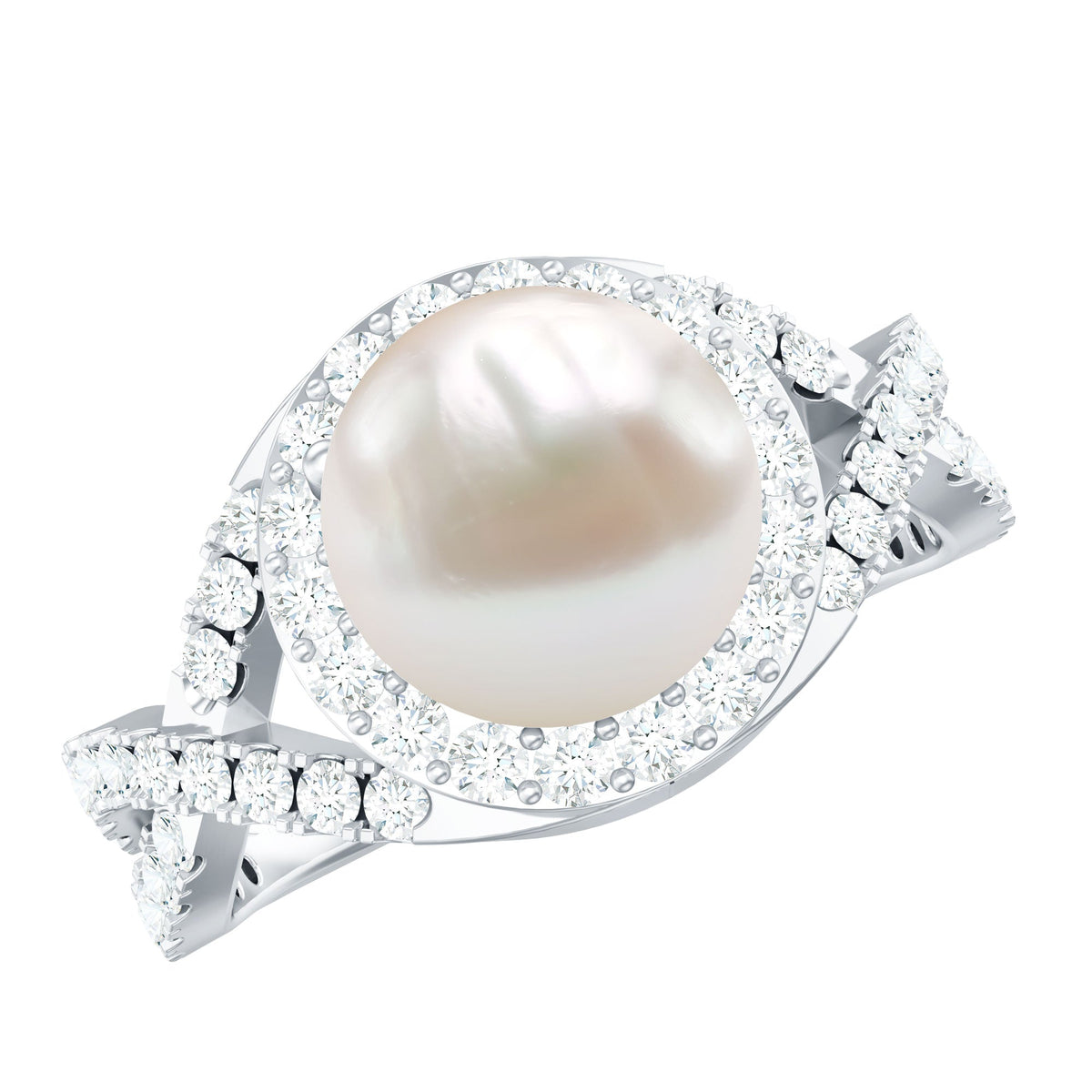 Freshwater pearl engagement ring with 7.4 carats and moissanite crossover shank by Rosec Jewels, showcasing a sparkling, elegant design.