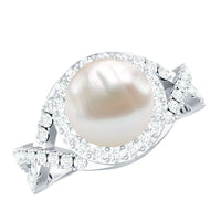 Freshwater pearl engagement ring with 7.4 carats and moissanite crossover shank by Rosec Jewels, showcasing a sparkling, elegant design.