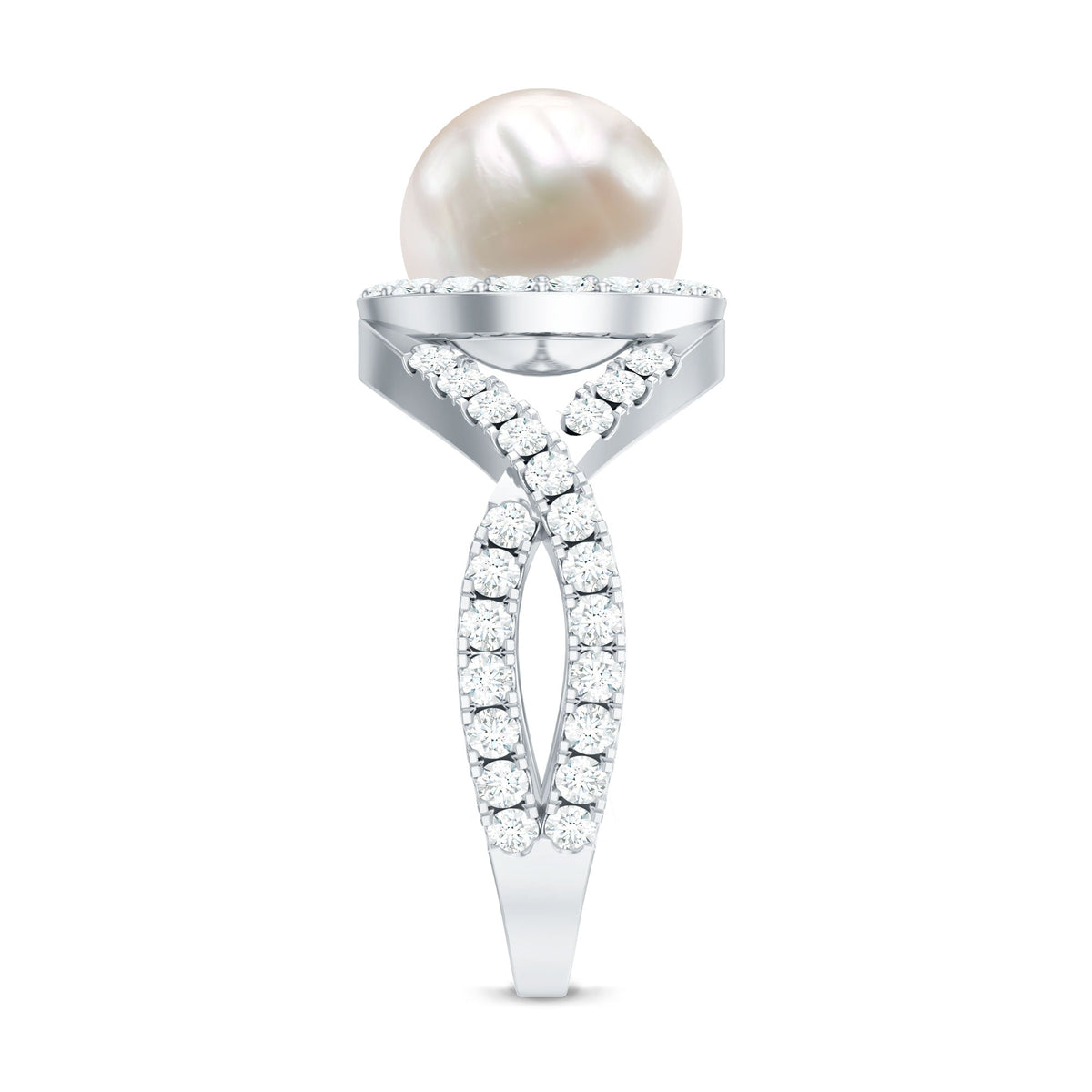 Rosec Jewels 7.4 carat freshwater pearl engagement ring with moissanite crossover shank, featuring a detailed ring design.