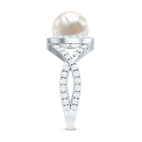 Rosec Jewels 7.4 carat freshwater pearl engagement ring with moissanite crossover shank, featuring a detailed ring design.