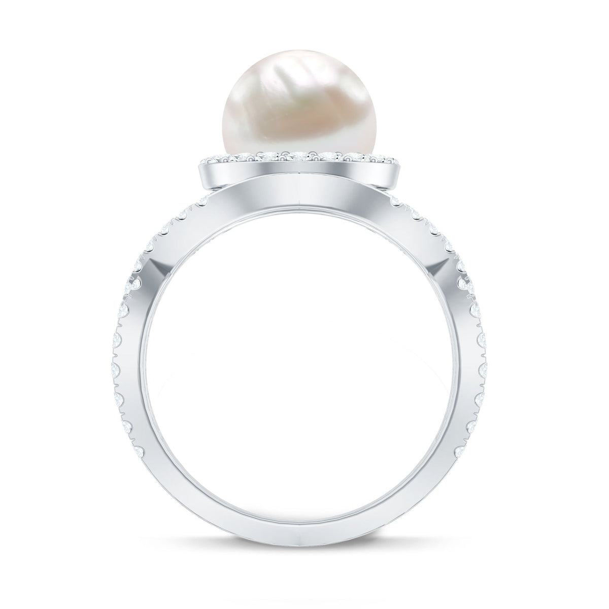 Rosec Jewels 7.4 carat freshwater pearl engagement ring with moissanite crossover shank, featuring a lustrous pearl centerpiece and elegant band.