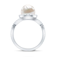 Rosec Jewels 7.4 carat freshwater pearl engagement ring with moissanite crossover shank, featuring a lustrous pearl centerpiece and elegant band.