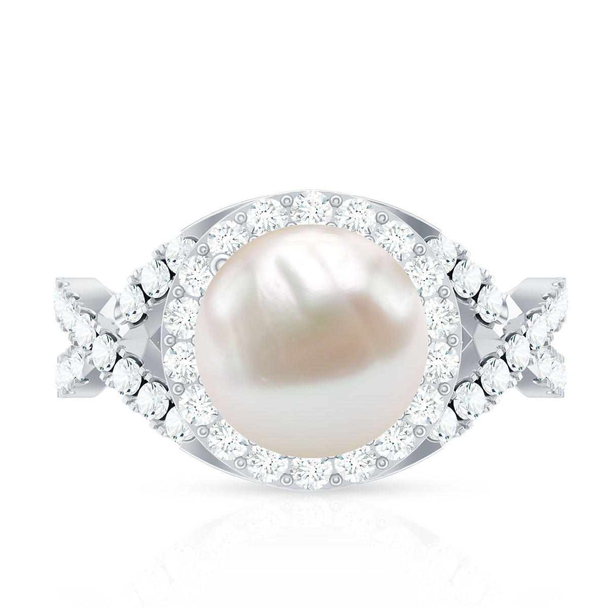 Rosec Jewels 7.4 carat freshwater pearl engagement ring with moissanite crossover shank, featuring a elegant and sophisticated design.