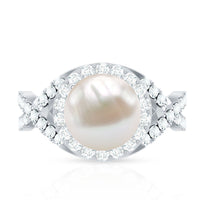 Rosec Jewels 7.4 carat freshwater pearl engagement ring with moissanite crossover shank, featuring a elegant and sophisticated design.