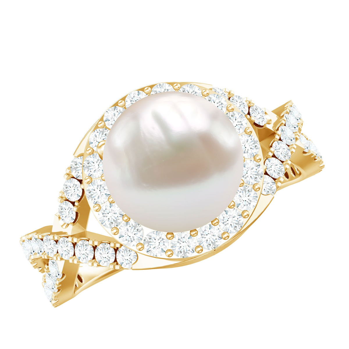 Rosec Jewels 7.4 carat freshwater pearl engagement ring with moissanite crossover shank, elegant and sparkling jewelry design