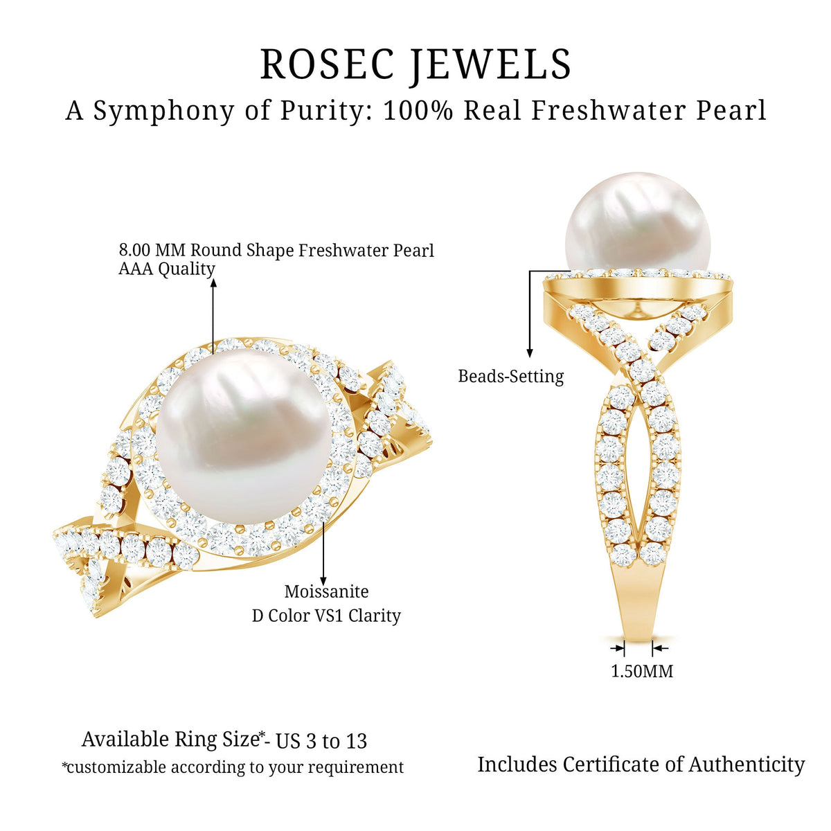 7.4 Carat freshwater pearl engagement ring with moissanite crossover shank by Rosec Jewels, featuring a central pearl and sparkling accents.