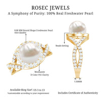 7.4 Carat freshwater pearl engagement ring with moissanite crossover shank by Rosec Jewels, featuring a central pearl and sparkling accents.
