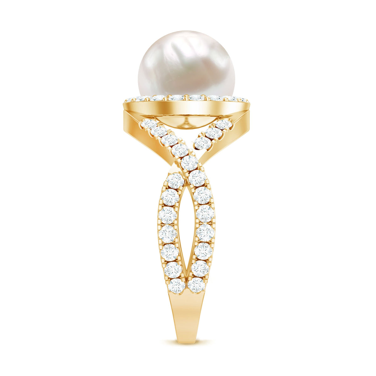 Freshwater pearl engagement ring with moissanite accents and crossover shank by Rosec Jewels, showcasing elegant design and fine craftsmanship.