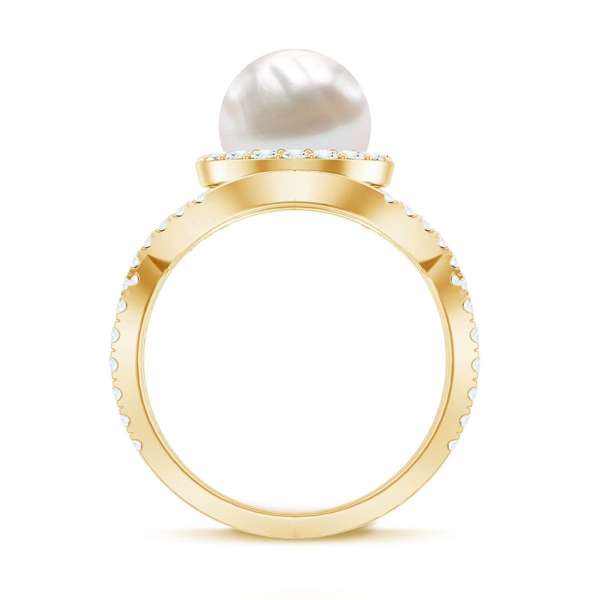 Rosec Jewels 7.4 carat freshwater pearl engagement ring with moissanite crossover shank, showcasing elegant jewelry design