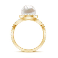 Rosec Jewels 7.4 carat freshwater pearl engagement ring with moissanite crossover shank, showcasing elegant jewelry design