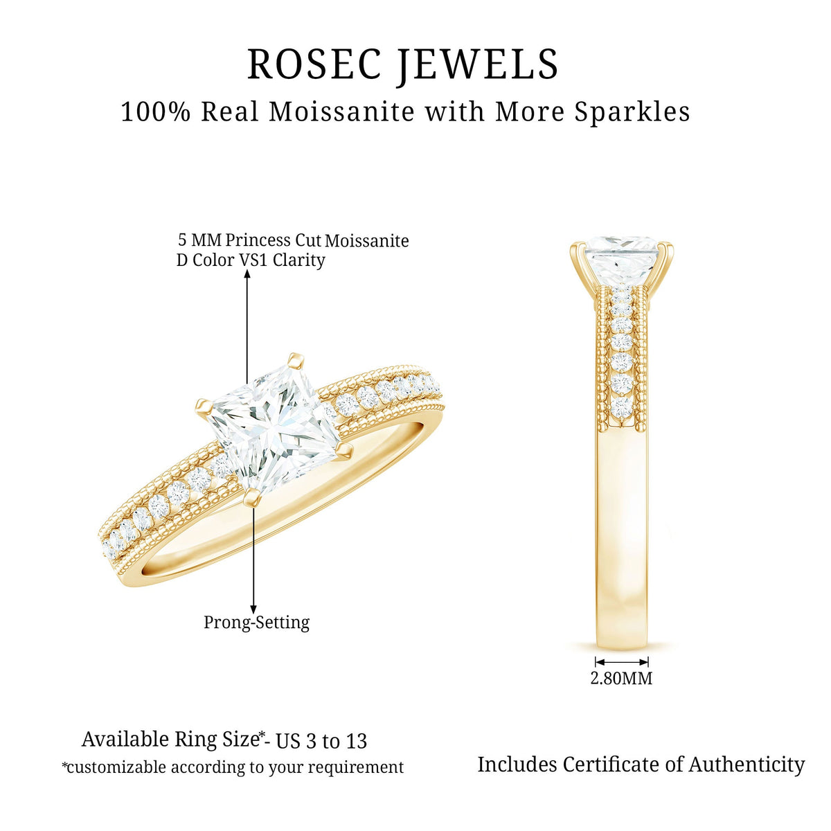Moissanite Solitaire Engagement Ring with Princess Cut