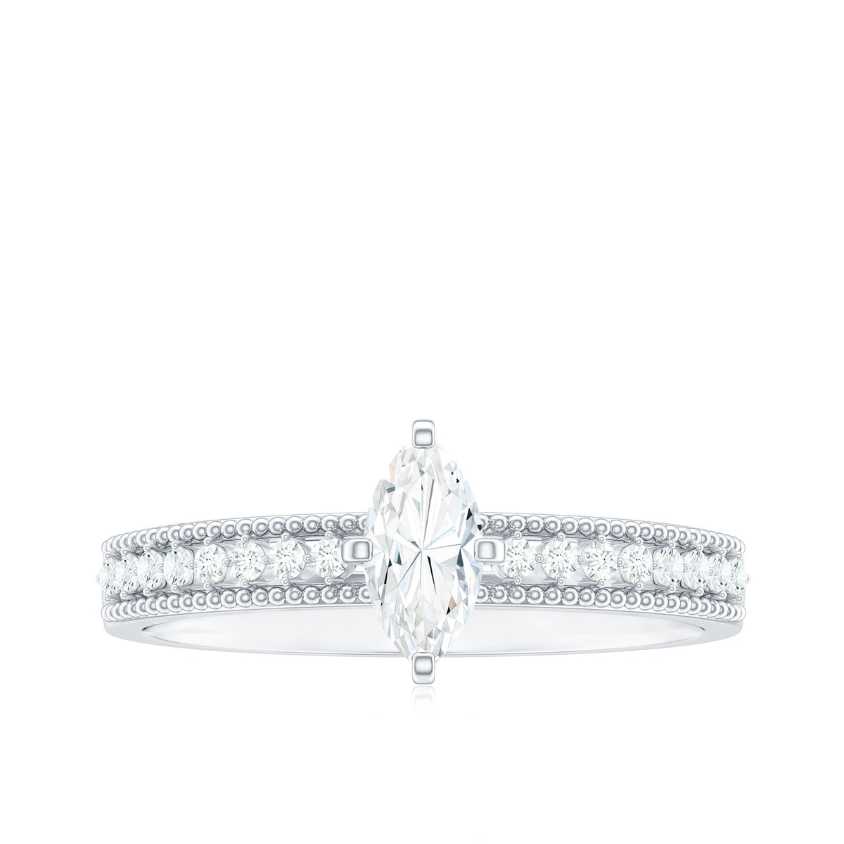 Certified Marquise Cut Moissanite Vintage Solitaire Ring with Side Stones