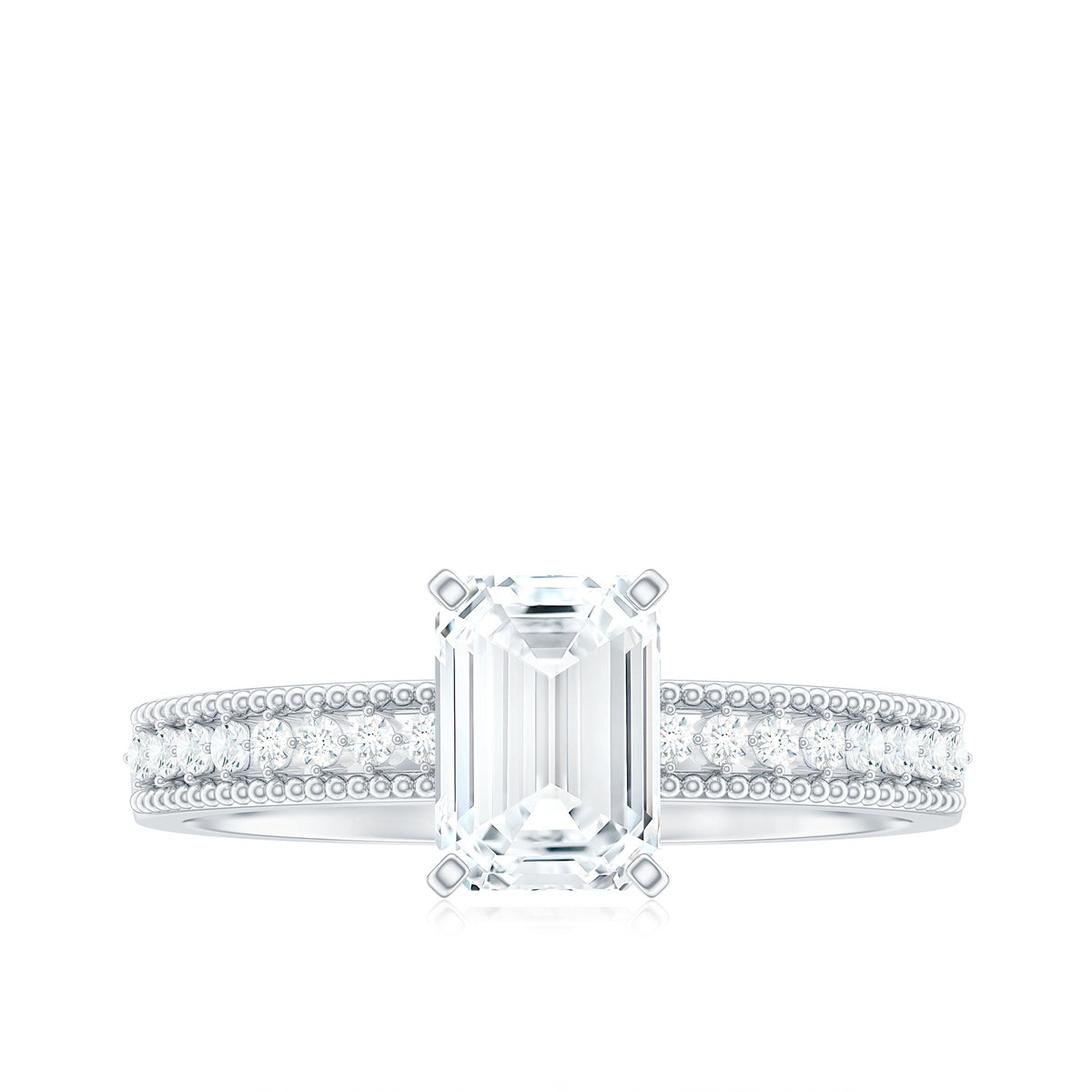 6X8 mm Emerald Cut Moissanite Solitaire Engagement Ring with Beaded Details