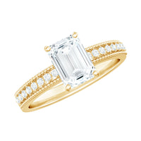 6X8 mm Emerald Cut Moissanite Solitaire Engagement Ring with Beaded Details